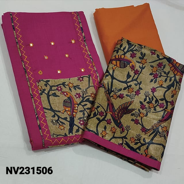 CODE NV231506 : Bright Pink Slub Cotton Unstitched Salwar material (Texture fabric, lining optional) Art silk yoke patch highlighted with faux mirror detailing, broad Printed taping on daman, Light orange Cotton Bottom, Printed art silk dupatta with tapings