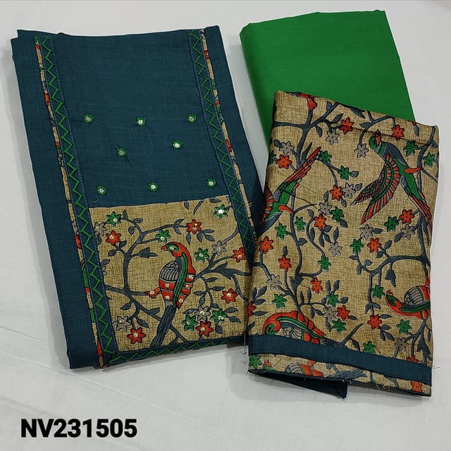 CODE NV231505 : Dark Blue Slub Cotton Unstitched Salwar material (Texture fabric, lining optional) Art silk yoke patch highlighted with faux mirror detailing, broad Printed taping on daman, Green Cotton Bottom, Printed art silk dupatta with tapings.