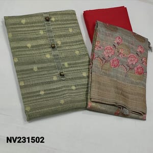 CODE NV231502 : Designer Grey and Golden tint Tissue Silk Cotton Unstitched Salwar material(lining required) with zari woven buttas on frontside, fancy buttons on yoke, peachish pink silk cotton bottom, Digital Floral printed and zari weaving buttas on silk cotton dupatta with tassels.