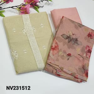 CODE NV231512: Premium rich Beige Silk Cotton unstitched Salwar materials(thin fabric, requires lining) with embroidery and sequence work on front side, peachish pink silk cotton bottom, Digital Floral Printed Organza dupatta with zari weaving pallu.