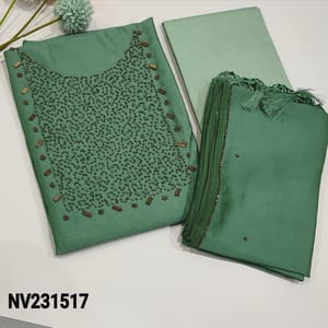 CODE NV231517 : Pastel Green Fancy Crepe Silk unstitched Salwar material(soft flowy fabric, lining needed) with golden bead work, sugar bead and cut bead work on yoke, Matching Silk Cotton Bottom, bead work on fancy crepe silk dupatta with fancy tassels