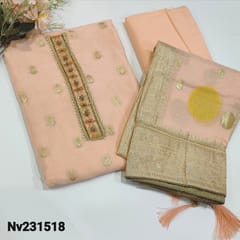 CODE NV231518 : Designer Pastel Pink Pure Organza unstitched Salwar material(soft and flowy, lining needed) with zardozi, thread work bead work and gota lace tapings on yoke, zari woven borders on daman, Matching Santoon Bottom, organza dupatta and meenakari woven with zari woven buttas and borders