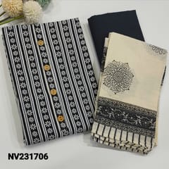 CODE NV231706  :Black pure soft kantha cotton unstitched Salwar material(thin and soft fabric, lining optional) Simple Star Buttons on Yoke, Floral and Vertical Lines all over, Dark Grey Cotton Bottom, block printed mul cotton dupatta with applique work and borders