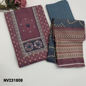 CODE  NV231808 :Sober Beetroot Purple Printed Soft cotton Unstitched Salwar material (thin, lining optional) Floral Printed Yoke with Foil and thread embroidery work, Grey soft and thin cotton bottom, Printed Mul cotton dupatta