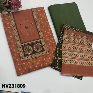 CODE  NV231809 : Brick Red Printed Soft cotton Unstitched Salwar material (thin, lining optional) Floral Printed Yoke with Foil and thread embroidery work, Olive Green soft and thin cotton bottom, Printed Mul cotton dupatta
