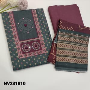 CODE  NV231810 :Grey Printed Soft cotton Unstitched Salwar material (thin, lining optional) Floral Printed Yoke with Foil and thread embroidery work, Sober Beetroot Purple soft and thin cotton bottom, Printed Mul cotton dupatta
