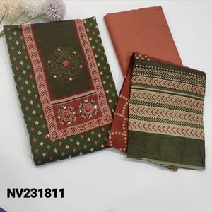 CODE  NV231811 : Dark Olive Green Printed Soft cotton Unstitched Salwar material (thin, lining optional) Floral Printed Yoke with Foil and thread embroidery work, Dark Peach soft and thin cotton bottom, Printed Mul cotton dupatta