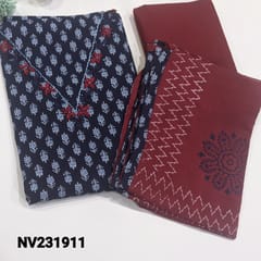 CODE NV231911 :Navy Blue Printed Pure cotton unstitched salwar material (soft fabric, lining optional) V Neck line with bead work and French Knot Detailing, Dark Maroon Cotton Bottom, Block Printed Mul cotton dupatta with tapings