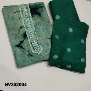 CODE NV23004 : Blue shade Fancy Silk Cotton Unstitched Salwar material(soft, silky fabric, lining needed) Fancy Lace work and real mirror detailing on yoke, Dark Teal Green Bottom, Floral Embroidery and transparent sequins work on soft silk cotton dupatta
