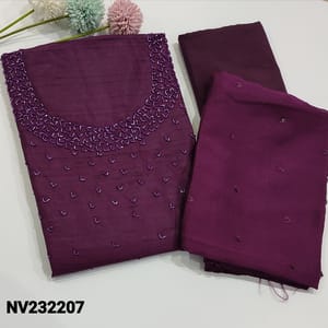 CODE NV232207 :Dark Purple Fancy Silk Cotton Unstitched Salwar material(light weight, lining needed) Cut Bead Work on yoke, Matching Silky Fabric Provided for Bottom, sequins work on Soft Silk cotton dupatta