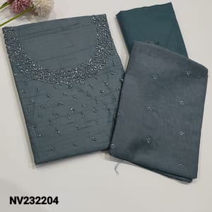 CODE NV232204 : Light Grey Fancy Silk Cotton Unstitched Salwar material(light weight, lining needed) Cut Bead Work on yoke, Matching Silky Fabric Provided for Bottom, sequins work on Soft Silk cotton dupatta