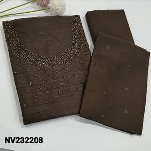 CODE NV232208 : Coffee Brown Fancy Silk Cotton Unstitched Salwar material(light weight, lining needed) Cut Bead Work on yoke, Matching Silky Fabric Provided for Bottom, sequins work on Soft Silk cotton dupatta