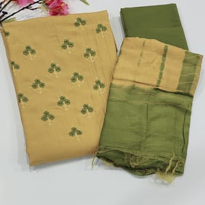 CODE  :Light Fenugreek Yellow fancy crinckled soft silk Cotton Unstitched salwar material ( thin fabric, lining needed) embroidery work on Yoke, Mossy Green Cotton Bottom, Shibori dyed dual shaded soft silk cotton dupatta requires tapings