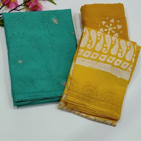 CODE  : Turquoise Green silk cotton unstitched Salwar material(soft fabric, lining needed ) embroidery and zari work on front side, Mango Yellow Batik dyed santoon bottom, Embroidery work  on soft silk cotton dupatta