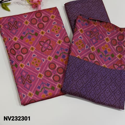 CODE NV232301 :Dark Pink with Purple Ikat printed Fancy Silk Cotton Unstitched Salwar material(light weight, thin fabric, lining needed) Dark Purple soft silky Bottom, soft silk cotton dupatta, Check the complete description below before ordering