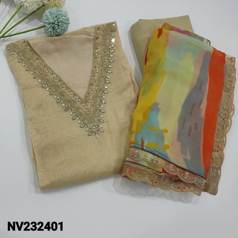 CODE NV232401 :Rich Beige Pure Organza Unstitched salwar material(soft, silky, flowy fabric lining needed) Matching Santoon Bottom, Multicolored pure organza dupatta, check complete description below before odering