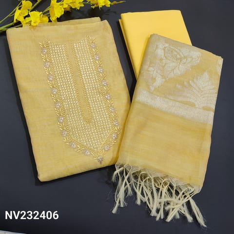 CODE NV232406: Pastel Yellow Fancy Silk Cotton Unstitched Salwar material(thin fabric, lining needed)  matching silky fabric provided for bottom, silk cotton dupatta, check complete description below before ordering