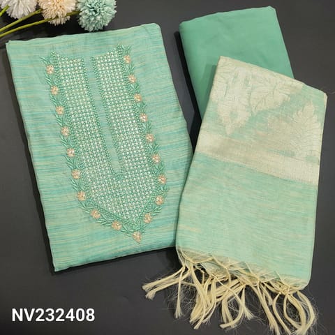 CODE NV232408: Turquoise Green Fancy Silk Cotton Unstitched Salwar material(thin fabric, lining needed)  matching silky fabric provided for bottom, silk cotton dupatta, check complete description below before ordering