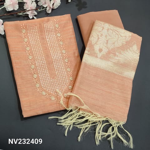 CODE NV232409: Pastel Peach Fancy Silk Cotton Unstitched Salwar material(thin fabric, lining needed)  matching silky fabric provided for bottom, silk cotton dupatta, check complete description below before ordering