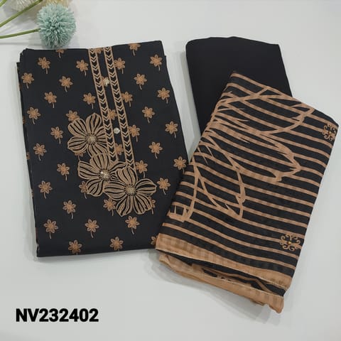 CODE NV232402 : Black with PeachFloral Print Satin Cotton unstitched Salwar material( thin, soft fabric, lining optional) Matching Spun Cotton Bottom, soft mixed cotton dupatta, check description below before ordering