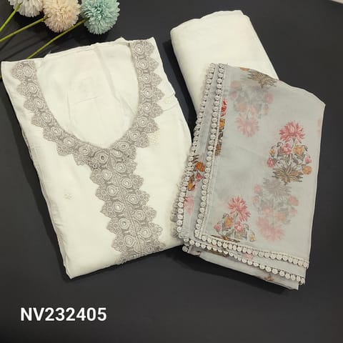 CODE NV23405 : Designer Half-White Pure Masleen Silk Unstitched salwar material(soft thin silky fabric lining needed) Matching Santoon Bottom, printed organza dupatta with lace tapings, check complete description below before odering