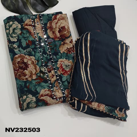 CODE NV232503 :Dark Blue Floral Printed Premium modal masleen unstitched Salwar material(soft, silky fabric, lining optional )Real Mirror detailing on yoke, Navy Blue santoon bottom, chiffon dupatta with gota lace work and tapings