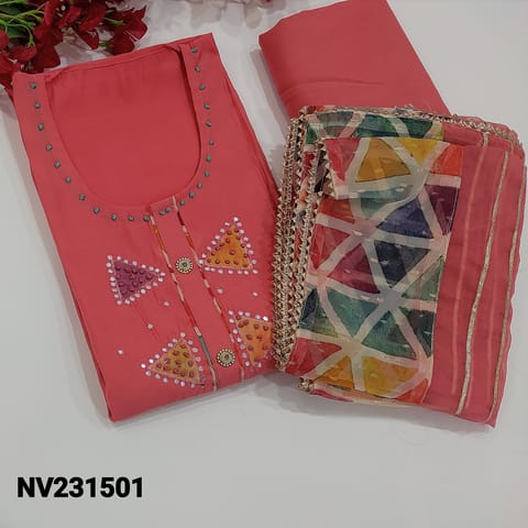 CODE NV232501: Pink silk cotton Unstitched salwar material (thin, lining needed) Matching spun cotton bottom, fancy organza dupatta with gota lace tapings, check description below before ordering