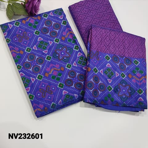 CODE NV232601: Dark Blue with Purple Ikat printed Fancy Silk Cotton Unstitched Salwar material(light weight, thin fabric, lining needed) Dark Purple soft silky Bottom, soft silk cotton dupatta, Check the complete description below before ordering