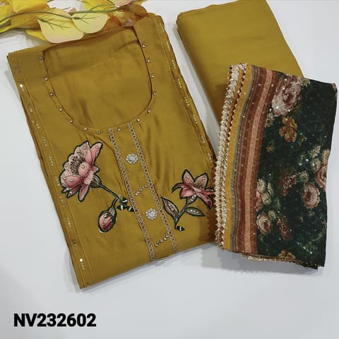 CODE NV232602 : Light Mehandhi Yellow Premium Silk Cotton Unstitched Salwar material(soft and silky, lining needed) Matching Spun cotton bottom with tapings, soft silk cotton dupatta, check description below before ordering
