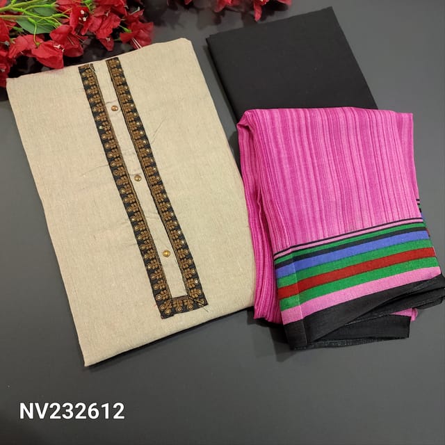 CODE NV232612 : Light Beige Jute Cotton unstitched Salwar material(Soft fabric, lining optional)with contrast embroidered yoke, Black cotton bottom, Printed Art Silk Dupatta with colorful warli printed pallu and contrast multi colored striped borders.