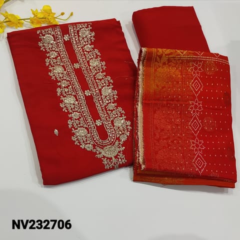 CODE NV232706 :  Red Pure Dola Silk unstitched salwar material(soft and silky fabric, lining needed) zari and sequins work on yoke, Matching Santoon Bottom, Pure silk cotton dupatta, CHECK DESCRIPTION BELOW BEFORE ORDERING