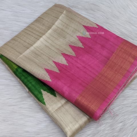 CODE WS1030: Beige semi tussar saree with dual shade temple borders(green, pink) with gold tissue,textured pattern all over, striped pallu with tassels,plain running contrast blouse with borders.