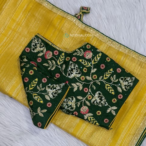 CODE WS1025: Mango yellow tissue organza saree with heavy ready made blouse.(height: 15 inches, arm hole-to-arm hole:19.5 inches, fits upto size 40,L size, can be altered to smaller sizes) READ PRODUCT DESCRIPTION FOR MORE DETAILS