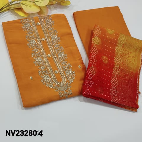CODE NV232804: Orange Pure Dola Silk unstitched salwar material(thin fabric, lining needed)  Matching Santoon Bottom, Silk Cotton Dupatta, CHECK DESCRIPTION BELOW BEFORE ORDERING