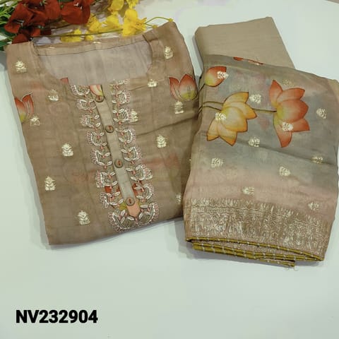 CODE NV232904 : Rich Beige Pure Organza unstitched Salwar material(soft, flowy fabric, lining needed) Beige santoon  bottom, Organza dupatta with gota lace tapings, CHECK DESCRIPTION BELOW BEFORE ORDERING