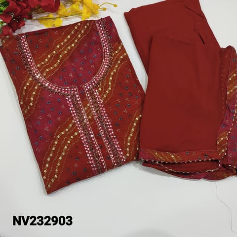 CODE NV232903  : Brick Red bandhini Printed Modal Masleen unstitched Salwar material (silky, thin fabric, lining optional) Matching Santoon Bottom, Fancy chiffon dupatta with printed tapings and gota lace work, CHECK DESCRIPTION BELOW BEFORE ORDERING