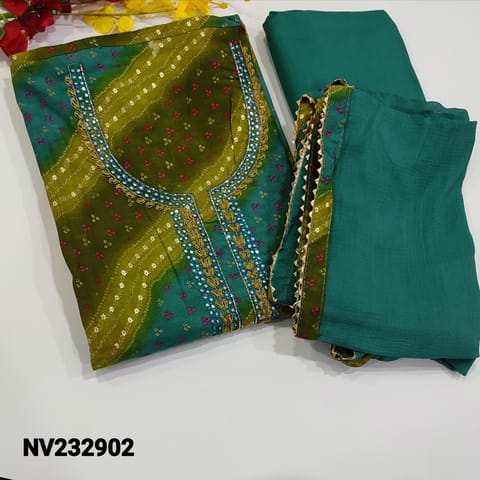 CODE NV232902  :Multicolored bandhini Printed Modal Masleen unstitched Salwar material (silky, thin fabric, lining optional) Teal Green Santoon Bottom, Fancy chiffon dupatta with printed tapings and gota lace work, CHECK DESCRIPTION BELOW BEFORE ORDERING
