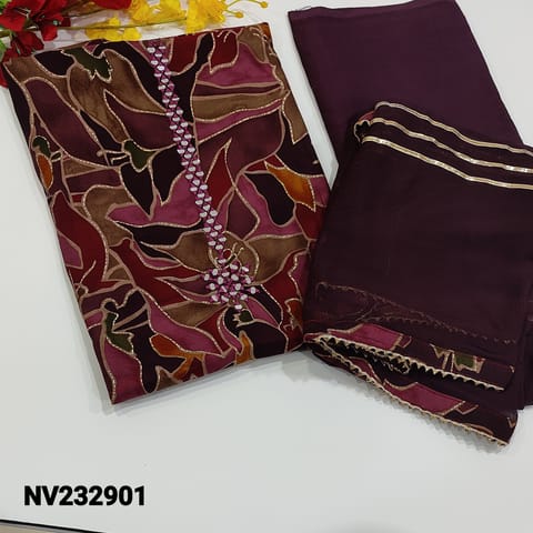 CODE NV23901: Multicolored Modal Masleen unstitched Salwar material (silky, thin fabric, lining needed) Dark Beetroot Purple Santoon Bottom, chiffon dupatta with printed tapings,  CHECK DESCRIPTION BELOW BEFORE ORDERING