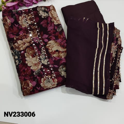 CODE NV233006 :Dark Beetroot Purple Floral Printed Modal Masleen unstitched Salwar material(thin fabric, lining optional)Real Mirror detailing on yoke, Dark Beetroot Purple santoon bottom, Fancy chiffon dupatta with gota lace tapings