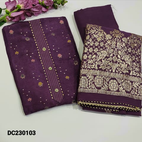 CODE DC230103: Designer Dark Purple Jakard Dola Silk unstitched salwar material(thin silky fabric requires lining) Matching Santoon bottom, soft silk cotton dupatta, CHECK DESCRIPTION BELOW BEFORE ORDERING