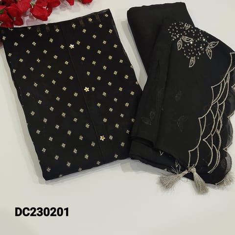 CODE DC30201 : Black Pure Organza Silk Unstitched salwar material(thin fabric, lining needed) zari buttas on front side, cut work and sequins work on daman, Matching Santoon Bottom, thread and sequins work on organza dupatta