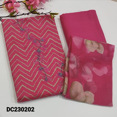 CODE DC230202 :Pink Premium satin Cotton Unstitched salwar material(thin fabric, lining optional) Embroidery work on yoke, zig zag prints all over, Matching Spun cotton Bottom, Floral Printed Chiffon dupatta