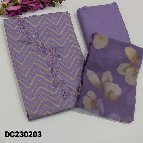 CODE DC230203 :Lavender Premium satin Cotton Unstitched salwar material(thin fabric, lining optional) Embroidery work on yoke, zig zag prints all over, Matching Spun cotton Bottom, Floral Printed Chiffon dupatta
