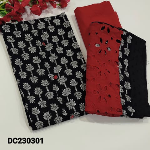 CODE DC230301 : Designer Black printed pure soft Premium Cotton Unstitched Salwar material (soft fabric, lining optional)  Red drum dyed thin Cotton Bottom, heavy cutwork and thread work dupatta, CHECK DESCRIPTION BELOW BEFORE ORDERING