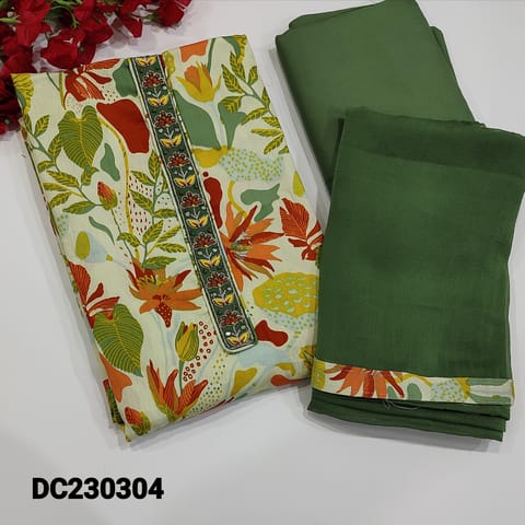 CODE DC230304 : Multicolored Satin Cotton unstitched Salwar material(soft fabric, lining optional) Thread and french knot and foil work on yoke, Dark cement green spun cotton bottom, plain chiffon dupatta with printed tapings