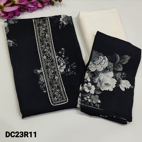 CODE DC23R11 : Designer Black Masleen Silk semi stitched Salwar material(soft, thin fabric, lining needed) simple yoke, 3/4th sleeves, fit upto XL size, floral printed all over, half white spun cotton bottom, printed pure masleen dupatta