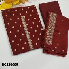 CODE DC230609 : Designer Maroon Silk Cotton unstitched Salwar material(thin fabric, requires lining) zari and sequins work on yoke, zari butta all over, plain back, silky fabric for bottom, Organza dupatta with heavy sequins and cut work on one side.