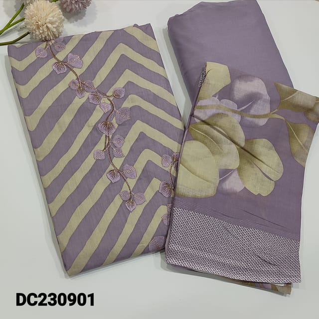 CODE DC230901 : Pale lavender soft cotton unstitched salwar material,zig zag printed,embroidery on yoke(lining optional)matching spun cotton bottom,pure soft cotton printed dupatta.