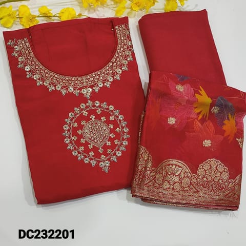 CODE DC232201 : Designer red pure dola silk unstitched salwar material,round neck,zari and sequins work on yoke,zari buttas on front(lining needed)matching santoon bottom,multicolor pure organza dupatta with benrasi woven borders.