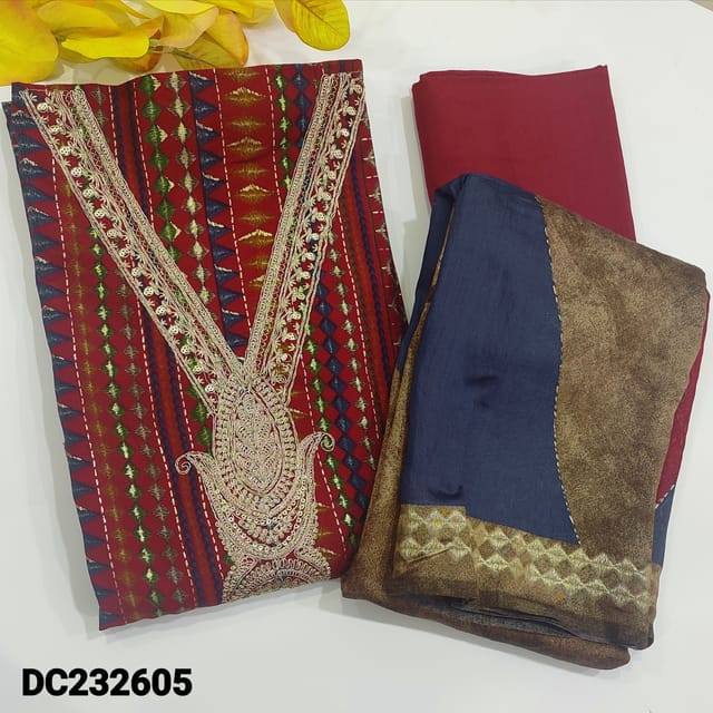 CODE DC232605 : Reddish maroon premium modal masleen unstitched salwar material,heavy embroidery work on yoke,colorful prints all over(soft,silky,lining optional)matching santton bottom,printed colorful modal masleen dupatta.